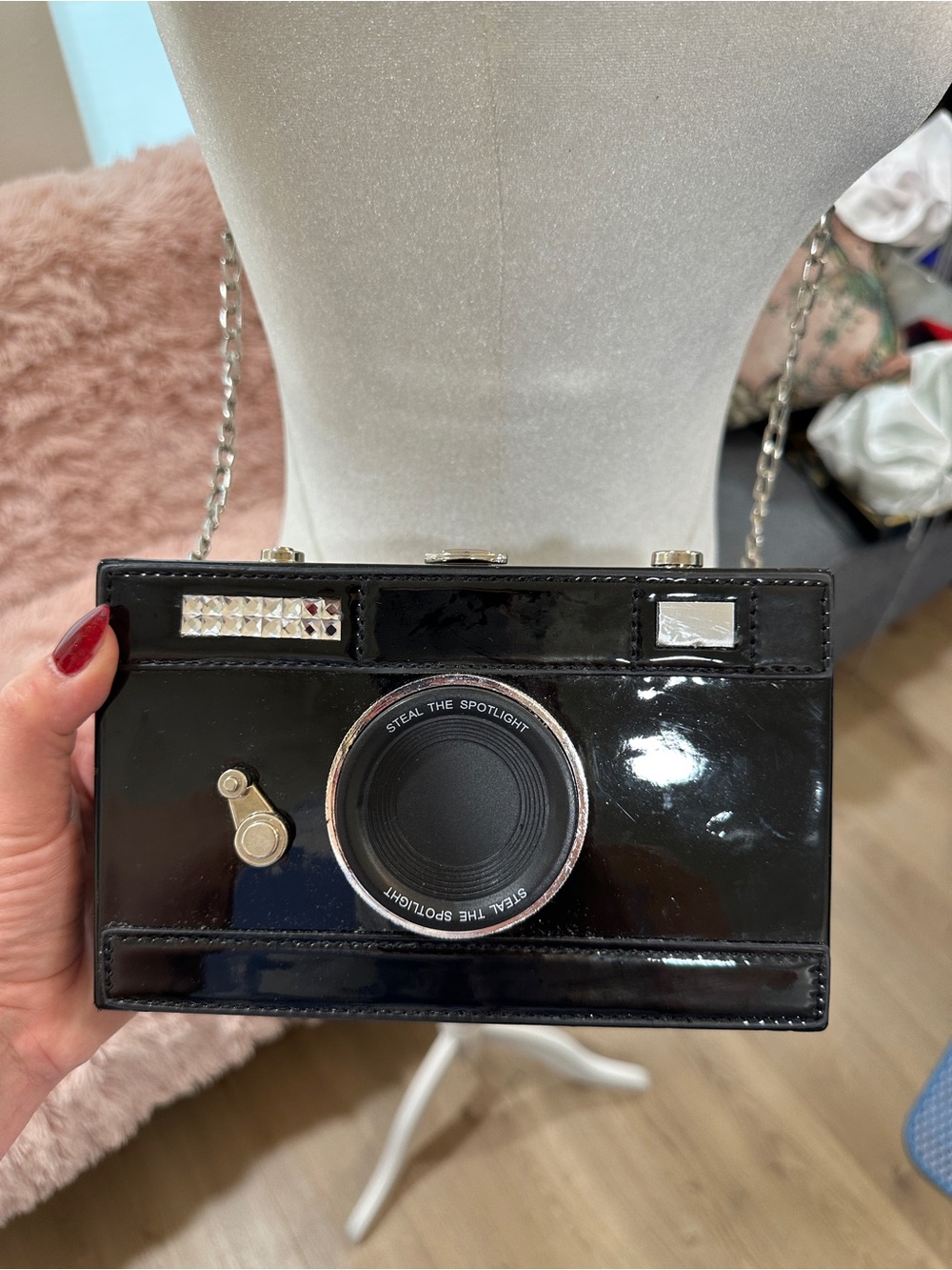 Camera-Shaped Patent Leather Crossbody Bag - Black